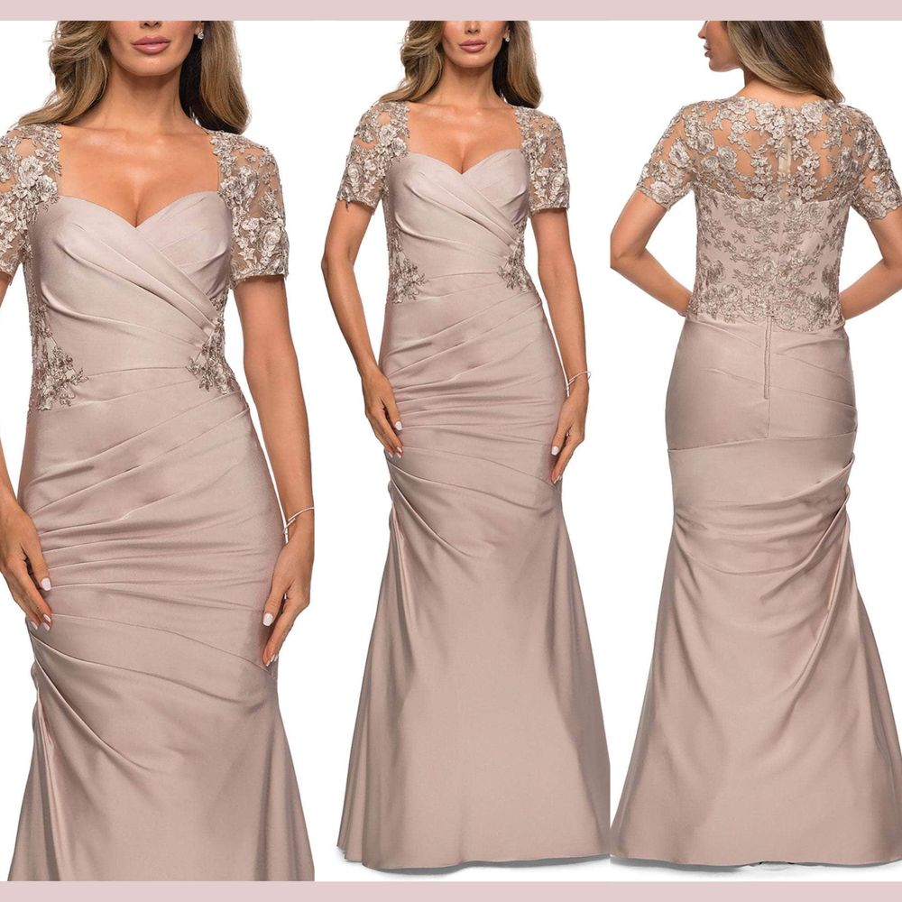 Nwt $538 La Femme [ 14 ] 27989 Applique V Neck Trumpet Gown In Frost Rose Nude